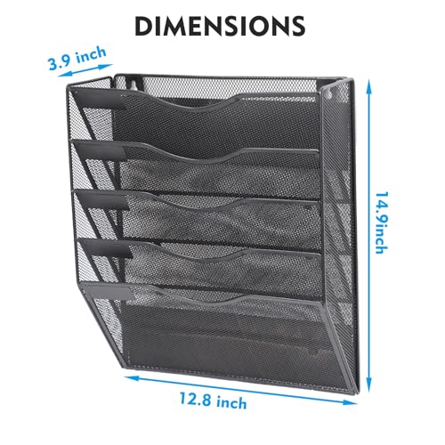 EASEPRES Magnetic 5 Pocket Mesh Hanging File Organizer, Wall Mounted Mail Paper Document Folder Holder, Clipboard Storage Organization Magazine Rack with Nametag Label for Office Home School, Black - color: Black, size: 5 Tier Magnetic