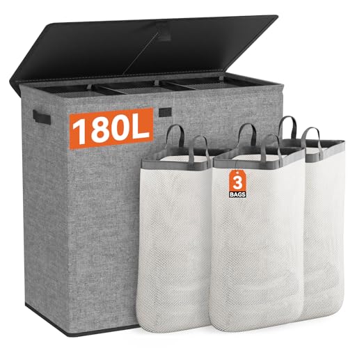 WOWLIVE Laundry Hamper with Lid,180L Large Laundry Basket 3 Section with Removable Washing Bags,Collapsible Waterproof Dirty Clothes Hamper for Laundry Room Bathroom Dorm,Gray - color: Gray, size: 180L (31.5x 12.2 x 27.5 Inches)