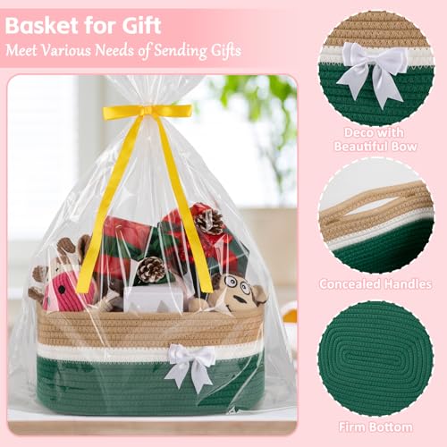 OIAHOMY Large Woven Storage Basket with Handles for Nursery Living Room Shelves, Bow Basket for Gifts Empty with Gift Bags and Ribbons for Baby Showers Pet Toy Bin -Yellow & Dark Green - color: Yellow & Dark Green