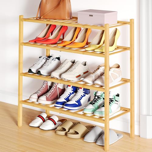 Smiry Shoe Rack, 4 Tier Bamboo Shoe Organizer, Stackable Free Standing Wooden Shoe Storage Shelf for Closet, Entryway, Front Door Entrance, Natural - color: Natural, size: 26.80" Wide - 4 Tier - Regular