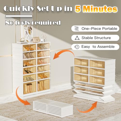 6-Tier Portable Shoe Rack Organizer for Closet, 24 Pairs Shoe Container Bins, Clear Plastic Collapsible Shoes Storage Box, Stackable Sneaker Storage Shoe Cabinet with Door - size: 6 Tiers - 24 Pairs