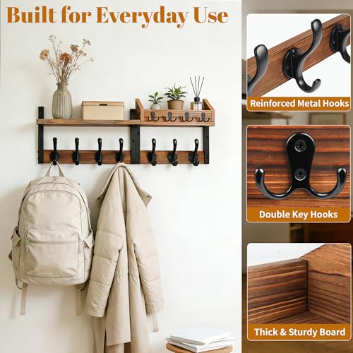Coat Rack Wall Mount with Shelf, 29 inch Entryway Wall Shelf with 11 Metal Hooks, 4 in 1 Coat Hanger and Key Holder Wall Mount with Mail Organizer for Living Room, Bedroom