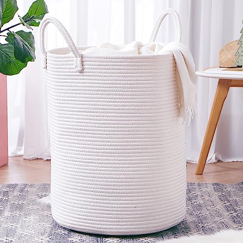 60L Pure White Woven Hamper Laundry Basket Cotton Rope Blanket Basket for Living Room 15Dx20H inches Tall Clothes Hamper for Baby Nursery Kids in Bedroom Large - color: White, size: Large (60L)