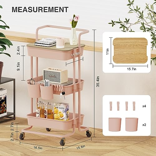 DTK 3 Tier Rolling Utility Cart with Cover Top Board, Movable Kitchen Storage Cart Trolley with Lockable Wheels, Cups, Hooks for Kitchen Bathroom Home Office Art Craft Storage and Organization(Pink) - color: Pink, size: Medium