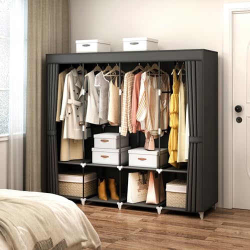 MOGELAFOO Portable Closet Wardrobe, 67-Inch Clothes Organizer with 4 Hanging Rods and 8 Shelves, Non-Woven Fabric Cover, Large Capacity Storage for Bedroom and Living Room, Black - color: Black, size: 67"W x 18"D x 66"H