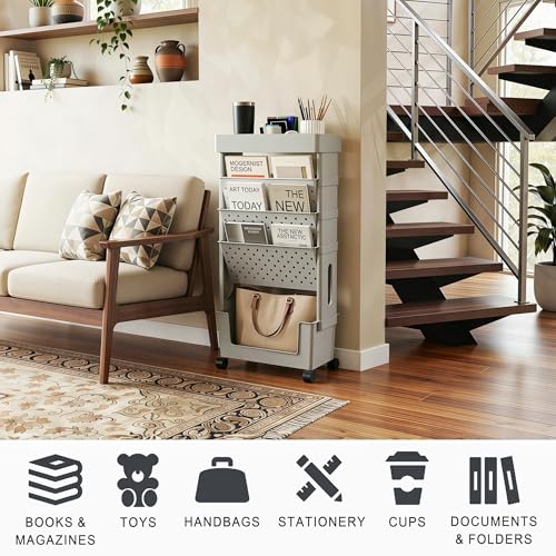 5-Tier Mobile Bookshelf, Rolling Bookcase Book Storage Rack, Movable File Folder Organizer Cart with Wheels for Home Study Office Living Room Classroom, Gray - color: Grey, size: 5-Tier