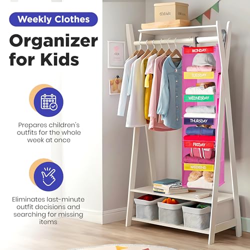 Handy Laundry Hanging Clothes Organizer for Kids - 6-Shelf Closet Daily Clothing Organization Labeled Shelves with Days of The Week Monday Through Friday, Weekday and Weekend (Pink) - color: Pink