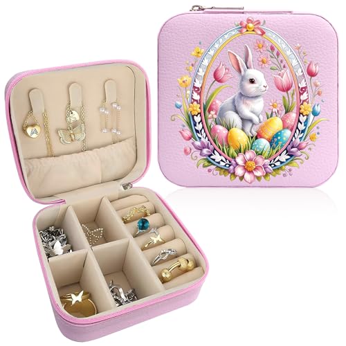 Bunny Pattern Portable Print Jewelry Box, 1pcs Pink Compact Jewelry Box Travel Jewelry Case Travel Case Organizer Bag Storage Box Jewelry Holder For Necklace Earrings Ring Bracelet - color: Easter bunny