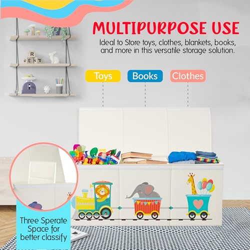 Extra Large Collapsible Sturdy Toy Storage Organizer with Lids, Animal Train Toy Box for Boys Girls, 40"x16"x16", Modern, Beige