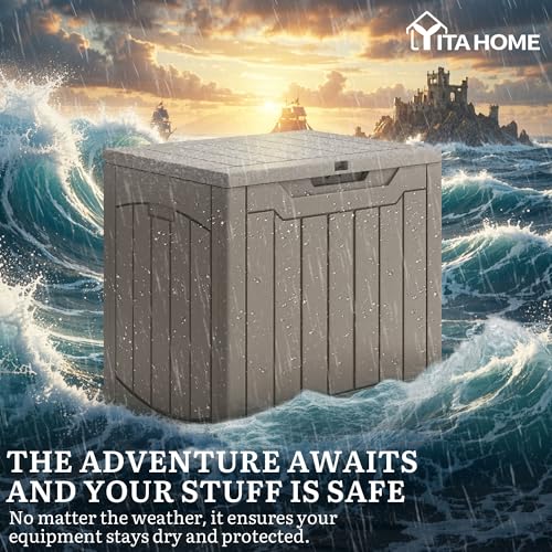YITAHOME 31 Gallon OutdoorDeck Box, Lockable Resin Storage Box and Waterproof Package Delivery Box for Patio, Garden, Poolside, Cushions, Supplies & Sports Gear, Taupe - color: Taupe, size: 31 Gallon, style: Deck Box