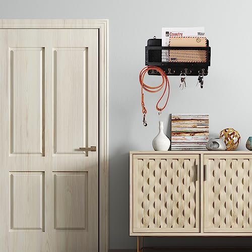 ADIIL Mail and Key Holder for Wall Decorative, Wooden Wall Mount Key Rack Hanger Organizer with 4 Double Key Hooks, Rustic Home Decor for Entryway Hallway, Black - color: Black