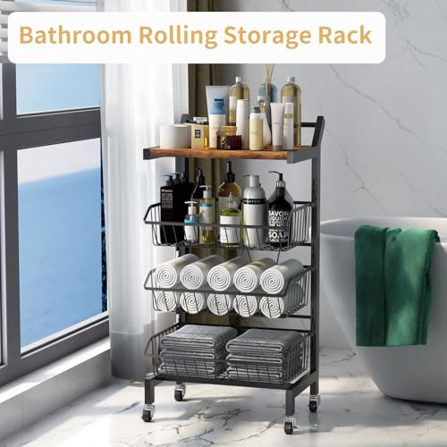 DGSANDGO 4-Tier Slim Rolling Storage Cart, Narrow Kitchen Cart with Lockable Wheels & Water-Resistant Wooden Tabletop, Small Space Utility Cart for Kitchen/Bathroom/Living Room/Laundry Room - color: Rustic Brown