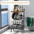 DGSANDGO 4-Tier Slim Rolling Storage Cart, Narrow Kitchen Cart with Lockable Wheels & Water-Resistant Wooden Tabletop, Small Space Utility Cart for Kitchen/Bathroom/Living Room/Laundry Room - color: Rustic Brown