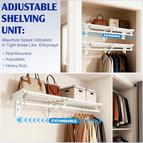 Closet Shelf with Hanging Rod, 40-73'' Expandable Wall Mounted & Side Wall Mounted Steel Clothes Rack with Top Shelf, Holds 220 lb Heavy Duty Closet Rod DIY Divider Separtor for Cabinet Wardrobe - size: 40''-73''