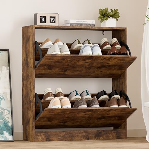 BORNOON Shoe Cabinet with 2 Flip Drawers, Slim Narrow Shoe Storage Cabinet, Freestanding Shoe Organizer with Adjustable & Removable Shelves, Top Display Shelf for Entryway, Hallway, Foyer, Closet - color: Brown, size: 2-Drawer