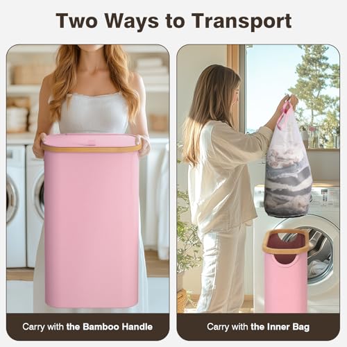Bathola 75L Slim Laundry Hamper with Lid, Dirty Clothes Hampers for Laundry, Collapsible Laundry Baskets for Small Spaces, Bedroom, Bathroom, Laundry Room, Pink - color: Pink, size: 75L