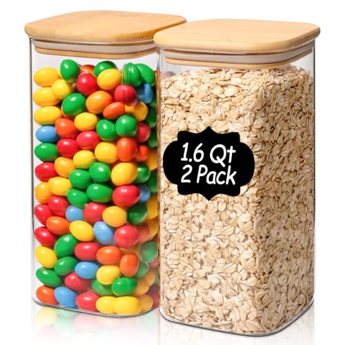 Airtight Glass Storage Canister with Lids, Kitchen Pantry Storage Jar with Labels, Food Storage Container for Sugar Tea Coffee Beans Snacks (2 pack 1.6qt) - size: 2 pack（1.6qt）