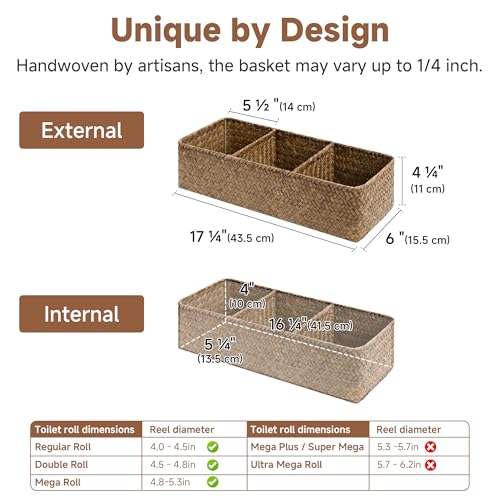 StorageWorks Toilet Paper Basket for Back of Toliet，Basket with 3 Enlarged Compartments, Seagrass Toilet Paper Storage Baskets, 16½"x 5½"x 5½", Brown, 2-Pack - color: Brown（Seagrass）, size: 16½"L x 5½"W x 5½"H