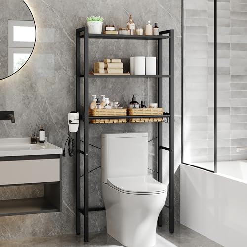 VASAGLE Over the Toilet Storage, Over Toilet Bathroom Organizer with Adjustable Shelves and Basket, 3 Hooks, Space Saving, 9.4 x 23.6 x 63 Inches, Ebony Black UBTS113BE01S - color: Ebony Black, style: 3 Tiers (63" H)