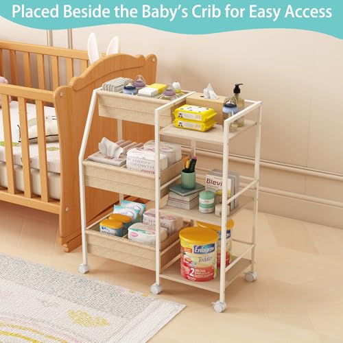 Baby Diaper Caddy Organizer Cart, 3-Tier Rolling Wheels Cart with Dividers and Shelves, Bedside Utility Cart for Nursery Essentials, Large Capacity Mobile Storage Cart for Crib, Bedroom - color: Off White