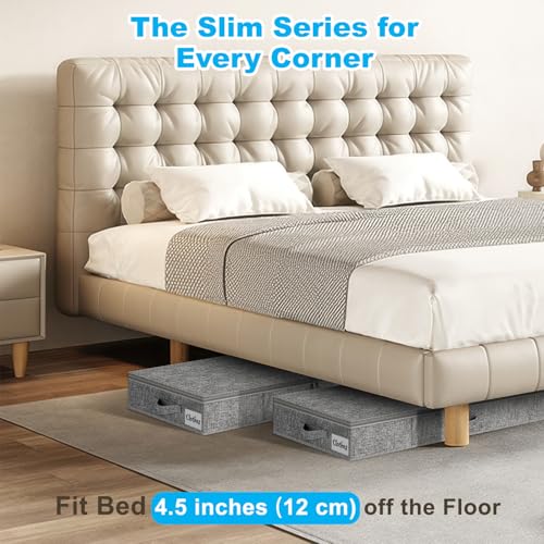 Under Bed Storage Container Bins 2 Pack, 4.5 Inch Slim Low Profile Underbed Clothes Storage Organizer for Dorm & Home, Use for Blanket and Toy Storage Box W/ Sturdy Bottom/Sides, Foldable Thick Fabric - color: Grey-2 Pack, size: 4.5in-Slim