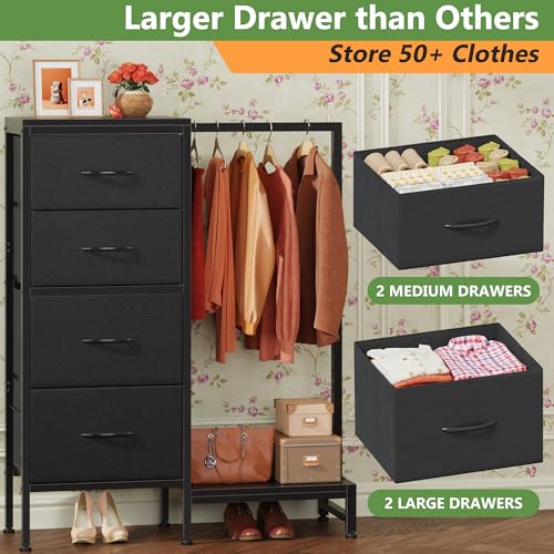 HIGDBFE Dresser with Hanging Rack, 4 Drawers Small Closet for Bedroom, Reversible Fabric Kids Chest of Drawers with Clothes Rack, Tall Storage Tower, Sturdy Frame, Black, 44''H - color: Black