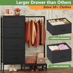 HIGDBFE Dresser with Hanging Rack, 4 Drawers Small Closet for Bedroom, Reversible Fabric Kids Chest of Drawers with Clothes Rack, Tall Storage Tower, Sturdy Frame, Black, 44''H - color: Black
