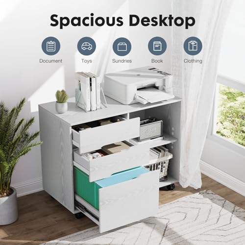DUMOS Lateral File Cabinet with 3 Drawers Rolling Filing Cabinets Under Desk Storage Printer Stand Wood Organizer with Wheels Adjustable Shelf for Office Home Small Space, White - color: Classic White