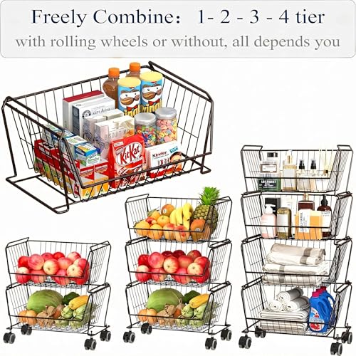 PUSDON 4-Tier Spacious Stackable Wire Storage Baskets with Wheels, Metal Rolling Utility Cart, Produce Basket for Pantry, Bathroom Organizer Shelf, Vintage Bronze - color: Vintage Bronze, size: 4 Tier Standard
