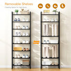 8 Tiers Narrow Shoe Rack 16-24 Pairs, Sturdy Metal Tall Shoe Rack with 4 Hooks, Slim Shoe Storage Organizer with Metal Shelf, Space Saving Vertical Shoe Shelf for Entryway, Closets, Black - color: Black