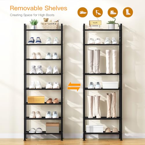 8 Tiers Narrow Shoe Rack 16-24 Pairs, Sturdy Metal Tall Shoe Rack with 4 Hooks, Slim Shoe Storage Organizer with Metal Shelf, Space Saving Vertical Shoe Shelf for Entryway, Closets, Black - color: Black