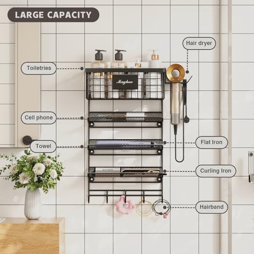 Magheo Hair Dryer Holder Wall Mounted, Adheisve Hair Styling Tool Organizer for hair Brush/Appliance Wall Mount with 5 Tier Shelf Basket Hooks Blow Dryer and Straightener Holder for Bathroom(Black) - color: Black, size: Wall Mount - 1 Pack (5 Tier)