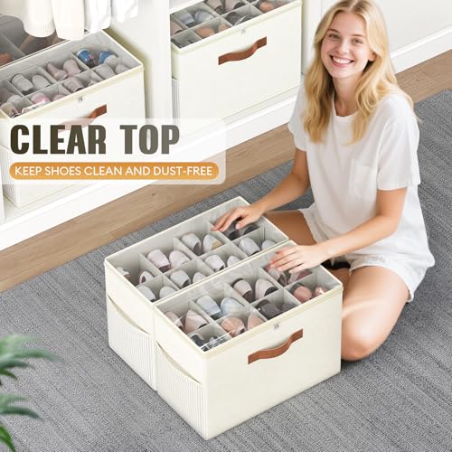 Budding Joy 2 Pack Shoe Organizer for Closet, Clear Foldable Shoe Storage Containers Adjustable Dividers Fits 16 Pairs,Shoe Storage Bins Baskets Boxes with Reinforced Handles Beige - color: Beige-yellow