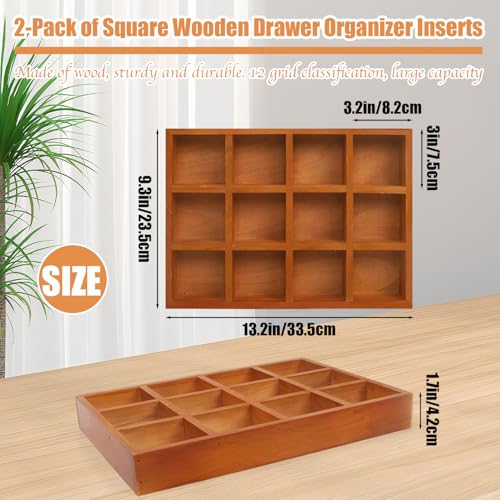 Wooden Tray, 2 Pack Wood Drawer Organizer Drawer Organizer 12 Grid Sorting Tray, Wood Divided Organizers Wooden Sorting Trays For Arts & Crafts, Stationery, Small Items, Home Office