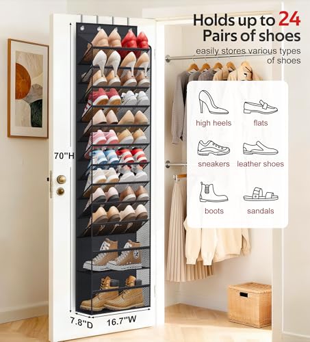 Soarine 12 Tier Over the Door Shoe Organizer for Closet, Holds 24 Pairs Hanging Shoe Rack for Door with Mesh Pockets, Narrow Shoe Holder Hanger for Sneakers, Boots (Black)
