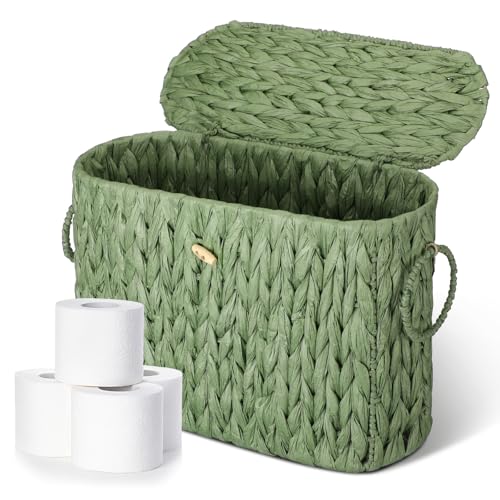 Kathfly Sage Green Toilet Paper Storage Basket with Lid Wicker Woven Bathroom Basket Toilet Paper Holder Holds up to 6 Mega Rolls Woven Organizer for Home Bathroom Kitchen Offices - style: Classic Style