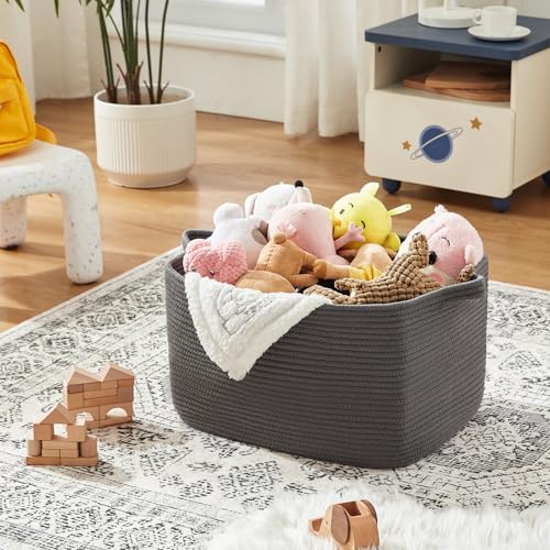 OIASKET Large Toy Basket, Rectangle Woven Rope Storage Basket for Blankets, Dirty Clothes, Shoes, Nursery Organizer Bins (Dark Grey) - color: Dark Grey, size: 19.7"x15.8"x11.8"