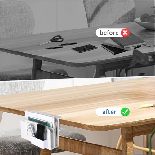 2 Tier Desk Side Storage, Under Desk Laptop Holder with Magnetic Pen Holder, Clamp on Table Organizer, No Drill Hanging Table Organizer for Office and Home Fits Flat Edge 0.3" to 2.3" - color: White 2 Tier