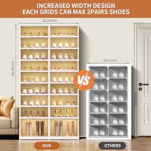 EHAMILY Foldable 9-Tier Shoe Rack Organizer for 18-36 Pairs - Collapsible Clear Plastic Shelf for Closet, Entrance or Front Door - Tall Stackable Folding Shoes Storage Boxes cabinet - size: 9 Tiers 36 Pairs