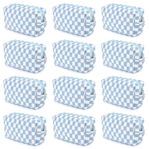 SOIDRAM 12PCS Checkered Makeup Bag Preppy Cosmetic Bag Bulk Blue Makeup Pouch Personalize Travel Toiletry Bag Organizer Cute DIY Makeup Brushes Storage Bag for Women - color: Light Blue, size: 12 Pack