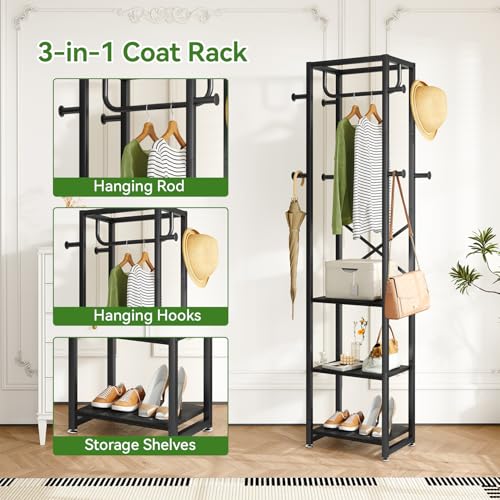 IBUYKE Coat Rack with Shelves, Freestanding Hall Tree with 3 Shelves and 8 Hooks, Industrial Clothes Stand for Entryway, Hallway, Bedroom, Black UTMJ088B - color: Black