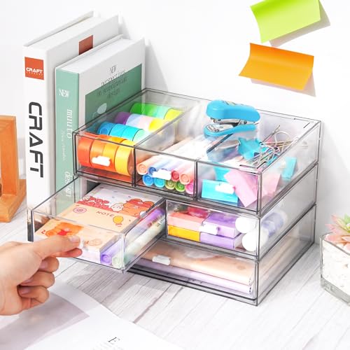 3 Tier Stackable Desk Organizer with 6 Drawers, YOCOMEY Plastic Desktop Storage Box Drawers, Detachable Makeup Storage Office Stationery Supplies Organizer for Office School (All Clear) - color: All Clear