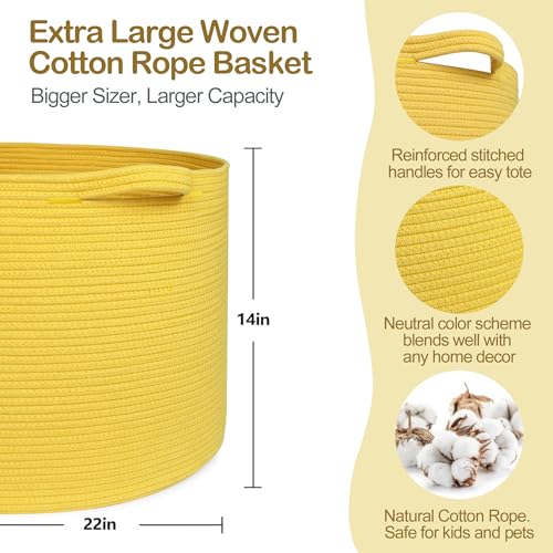 MEGASKET Extra Large Yellow Basket, 22” X 22” X 14” Cotton Rope Yellow Decor for Living Room Bedroom, Woven Basket for Blanket, Laundry, Towel, Shoe, Baby Nursery Toy Organizer, Room Decor Storage Bin - color: Yellow, size: 22"x22"x14"