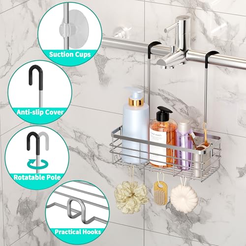 HapiRm Hanging Shower Caddy Organizer - No Drilling Shower Organizer with Hooks, Rustproof & Waterproof 304 Stainless Steel Bathroom Shelves - Silver (1 Basket) - color: Silver- 1 Basket