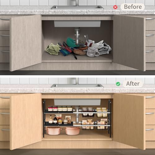 Expandable 2-Tier Under Sink Organizer, 8 Removable Plastic Boards, Tool-Free Installation (Black, 2-Tier 4 Boards and 4 Baskets) - color: Black, size: 2-TIER 4 Boards and 4 baskets