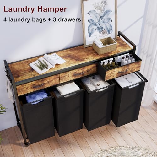 Timberer Laundry Hamper, Laundry Sorter 4 Sections, Rolling Laundry Basket with Wheels, 3 Drawers, 4 × 14.5 Gal (55 L), Pull-Out and Removable Oxford Fabric Bags, Black and Rustic Brown - color: Black + Rustic Brown, size: 4 Bags (54.3"L x 12.9"W x 39.6"H