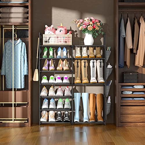 Kottwca 7 Tiers Shoe Rack Metal Shoe Organizer for Entryway Closet, 24-28 Pairs Stackable Shoe and Boots Shelf Storage Cabinet with Hooks and Side Hanging Pockets for Bedroom, Garage, Black - size: 2 Row 7 Tier