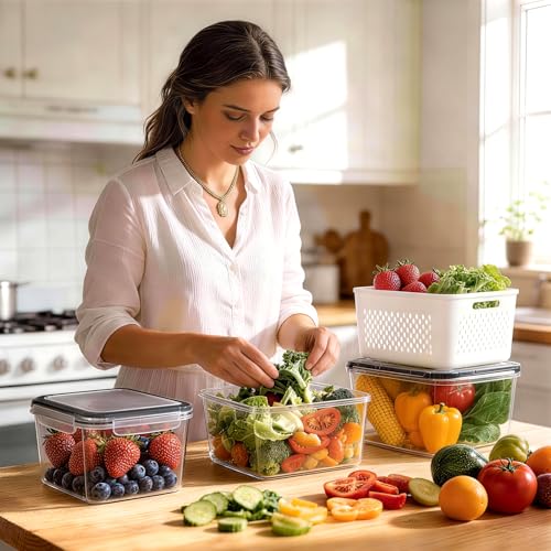 6 PCS Fruit Storage Containers for Fridge with 6 Removable Colanders, BPA Free Fruit Containers for Fridge, Dishwasher & Microwave Safe Produce Containers Keep Fruits, Vegetable, Berry Fresh Longer - color: 6PCS White