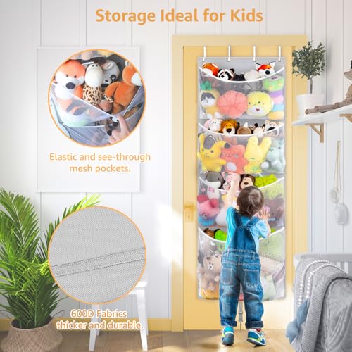 Woodoulogy Hanging Stuffed Animal Storage, Over Door Large Plush Toy Organizer with Metal Hook, Baby Accessory Holder Idea for Nursery, Doll & Bear Mesh Hammock Bag for Girl Boy Kid Room - color: Grey