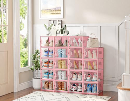 SIMPDIY Shoe Storage, 12 Pack X-Large Shoe Organizer for Closet, Shoe Boxes Clear Plastic Stackable Shoe Storage Boxes for Size 13 - color: Pink